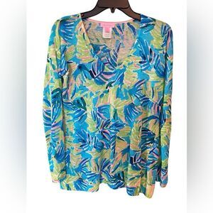 Lilly Pulitzer Sz XS Tropical Green Pink V-Neck Long Sleeve Light Cotton Sweater